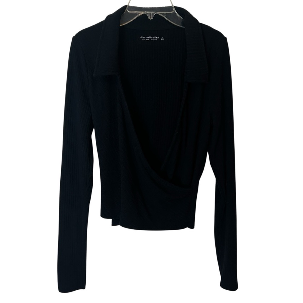 Abercrombie & Fitch A&F Black Ribbed Criss‑Cross V‑Neck Long Sleeve Top SZ L